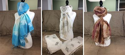 Dyed and hand printed cotton scarves.